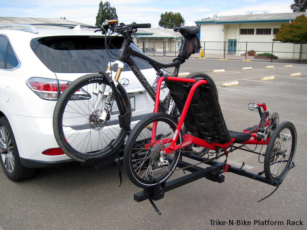 Catrike recumbent tadpole trike and mountain bike on rack